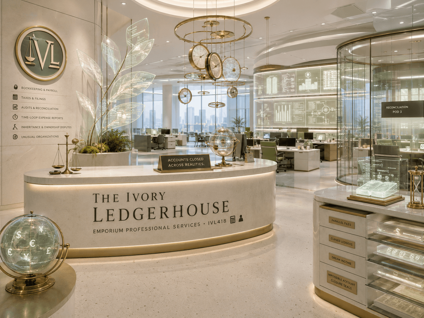 The Ivory Ledgerhouse accounting office in the Emporium