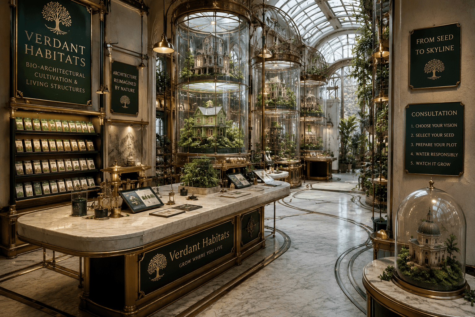 Verdant Habitats store interior with glass cultivation chambers and growable building models